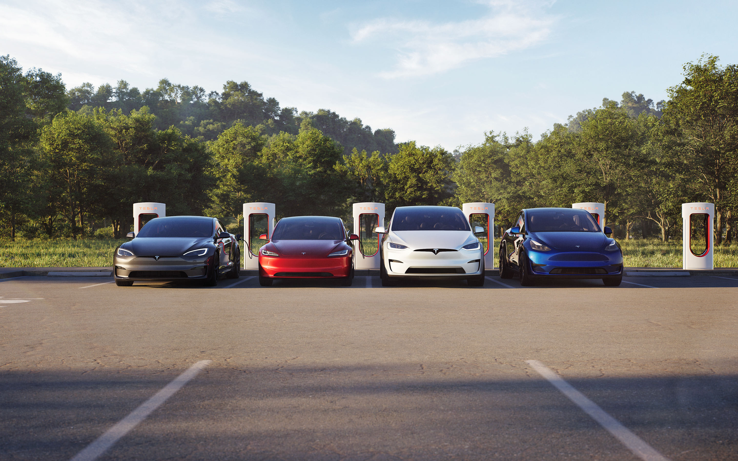 A grey Model S, a red Model 3, a white Model X and a blue Model Y each charging at a Supercharger in a parking lot