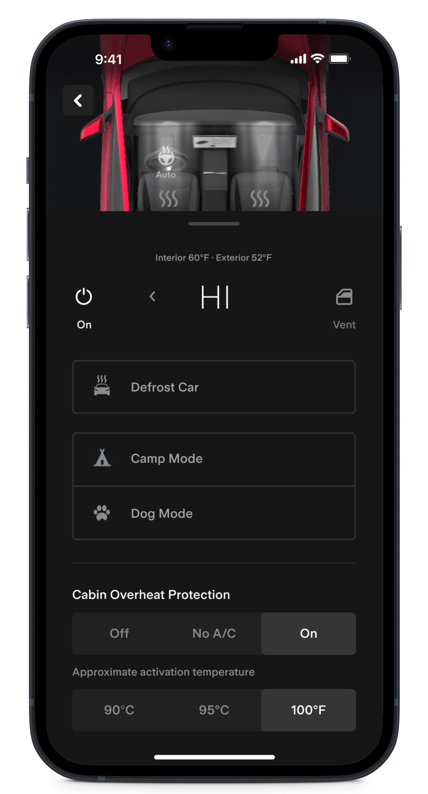 Tesla app screen showing cabin climate controls. 