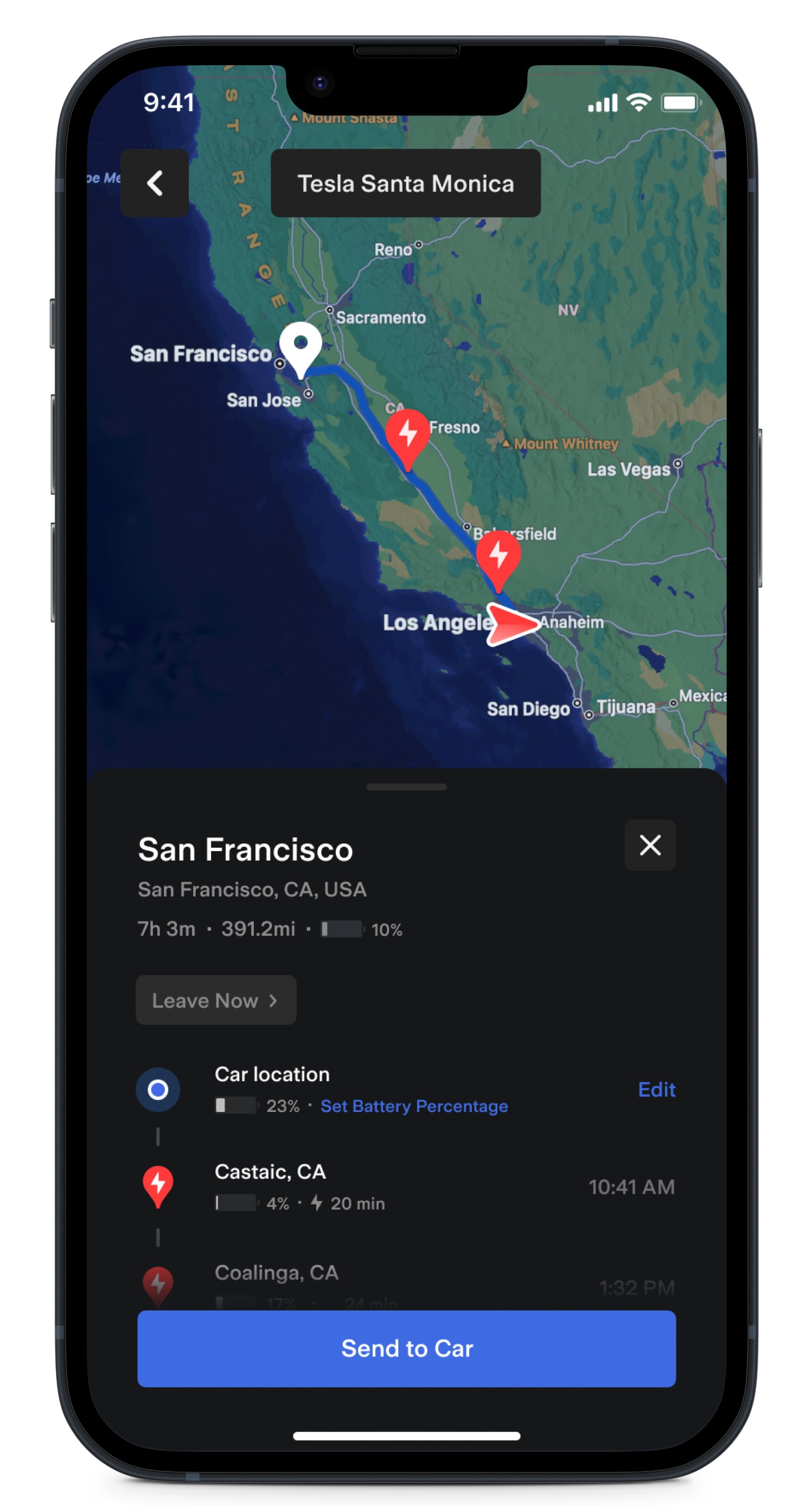 Tesla app screen showing a map route with a charging stop along the way. 