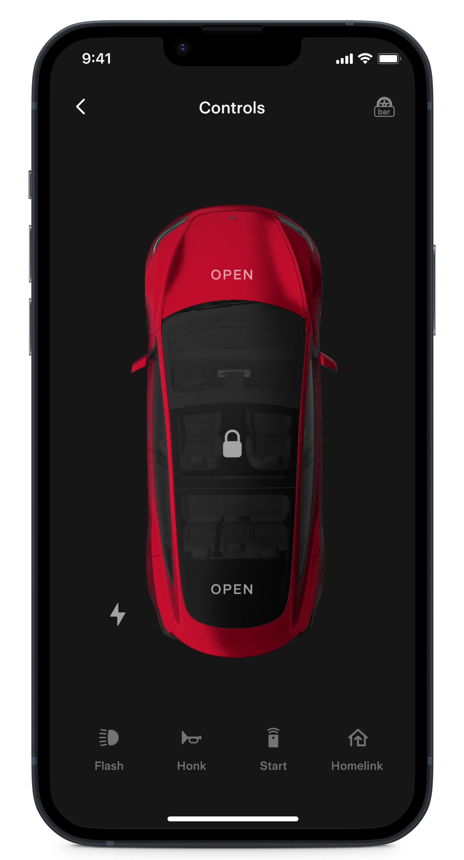 Tesla app screen showing vehicle controls. 