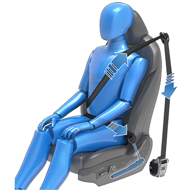 Person in car seat wearing a seat belt with arrows on the lap belt pointing to the buckle and arrows on the shoulder portion pointing to the seat belt anchor