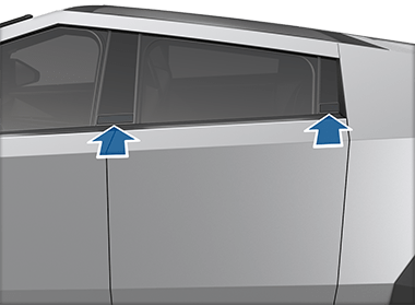 Side view of the vehicle with arrows pointing to the exterior door buttons