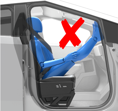 Person sitting in car seat incorrectly with feet on the dash