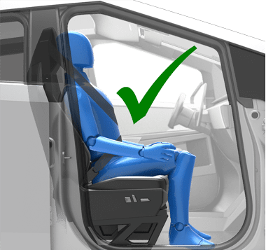 Person sitting in car seat correctly: shoulder and back against the seat, feet on the floor, seat belt on