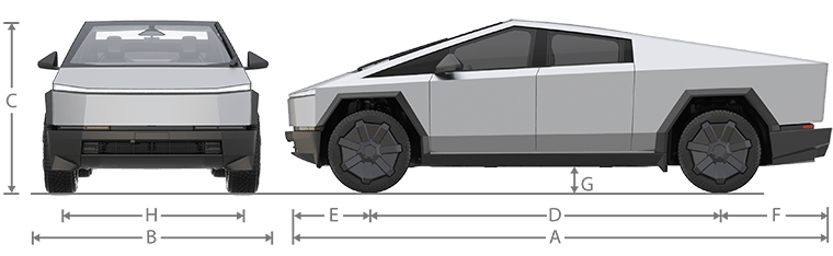 Front and side vehicle views with lines depicting measurements