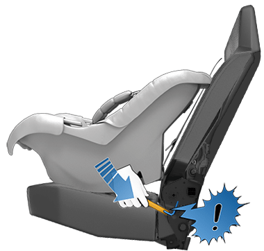A child seat sliding into place with a speech bubble with an exclamation point in it, pointing to the anchor bar