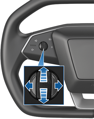 Steering wheel with a zoombox of the left scroll button with blue arrows pointing up, down, left, right